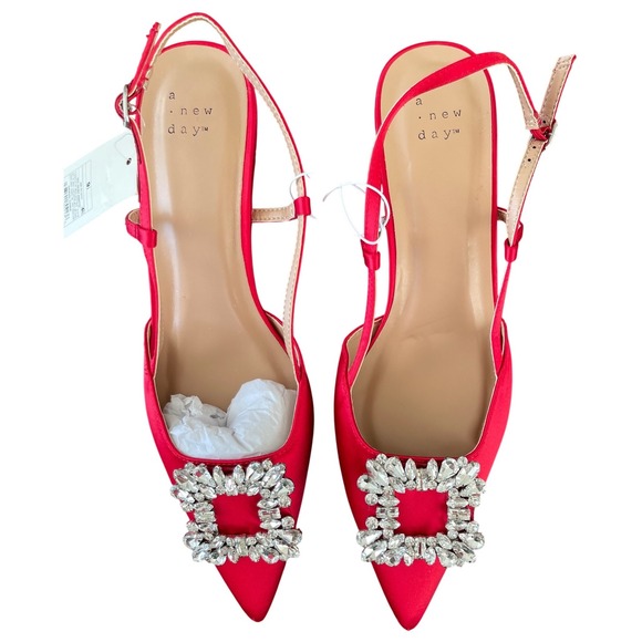 New Day Annette Satin Slingback Heel Shoes with Memory Foam Insoles Red Size 9.5 - Picture 10 of 11